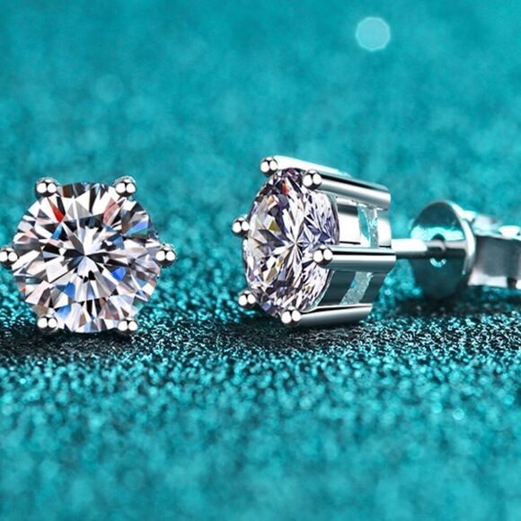 925 Sterling Silver 6-Prong 2 Carat Moissanite Stud Earrings - Picture 4 of 7